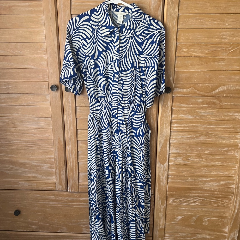 H&M Royal Blue and White Printed Midi Shirt Dress